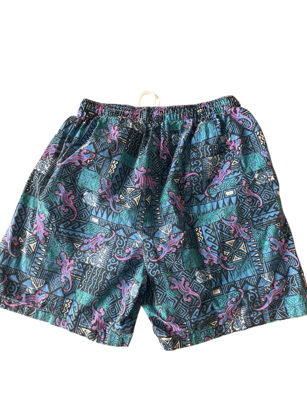 VTG 90'S BLACK BLUE ALOHA HAWAIIAN BAGGY SHORTS GRAPHIC TIKI GECKO PRINT Small - Picture 3 of 7